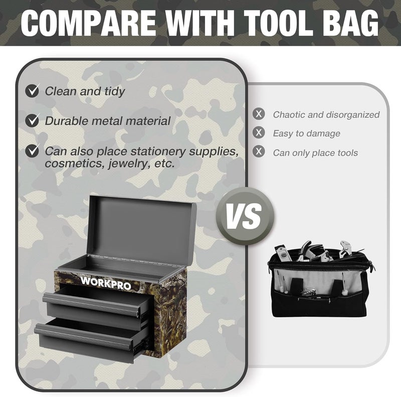 WORKPRO Metal Mini Tool Box, Top Tool Chest containing Two Drawers with Ball Bearing Slides, PVC Drawer Liners and PP Feet Pads, Durable Cold Rolled Steel Small Toolbox for Multi-Purpose Storage - Image 4